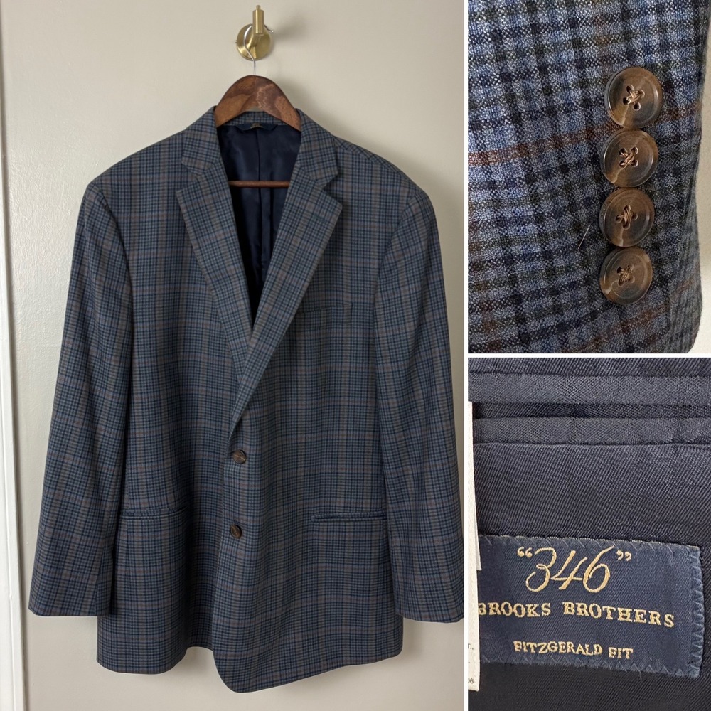Brooks Brothers 346 Blazer Fitzgerald Men 48R Blue Rust Green Glen Plaid Office